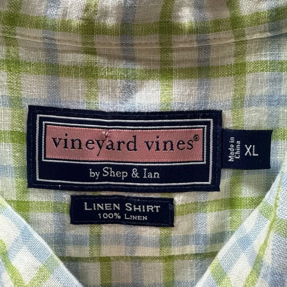 Vineyard Vines Linen Shirt Mens Extra Large Green Blue Plaid‎ Button Up Adult